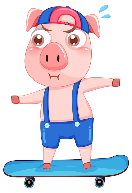 Милый мультипликационный персонаж свиньи, играющий на скейтборде