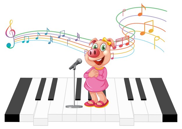 Simpatico personaggio dei cartoni animati di maiale in piedi sul pianoforte