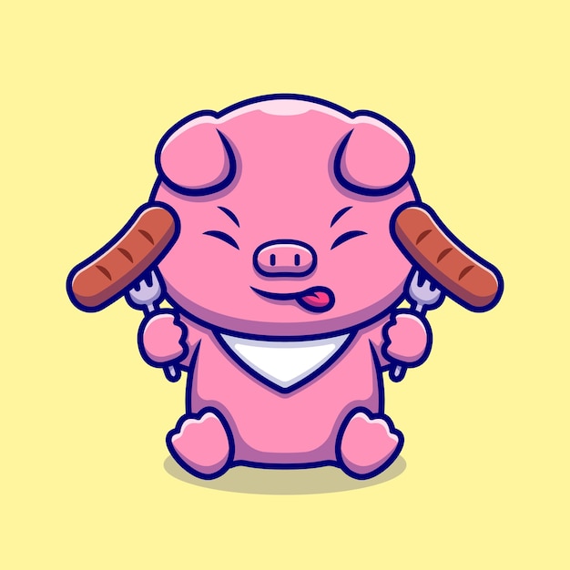 Cute pig chef eating sausage cartoon character. animal food isolated.