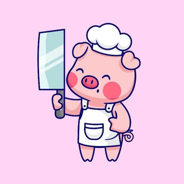 Free vector cute pig chef holding knife cartoon vector icon illustration animal profession icon isolated flat