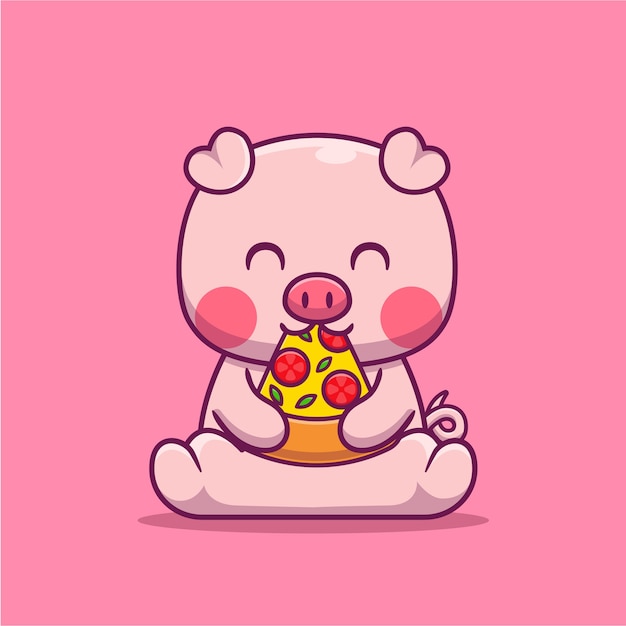 귀여운 돼지 먹는 피자 만화 그림. 동물 식품 개념 절연 플랫 만화