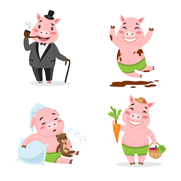 Free vector cute pig enjoying different actions. cartoon character set. smoking pipe, rolling in mud, sleeping,