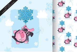 Cute pig flying with snowflake illustration of background