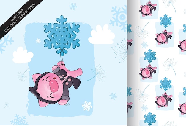 Cute pig flying with snowflake illustration of background