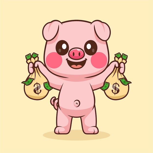 Free vector cute pig holding money bag cartoon vector icon illustration animal finance icon concept isolated