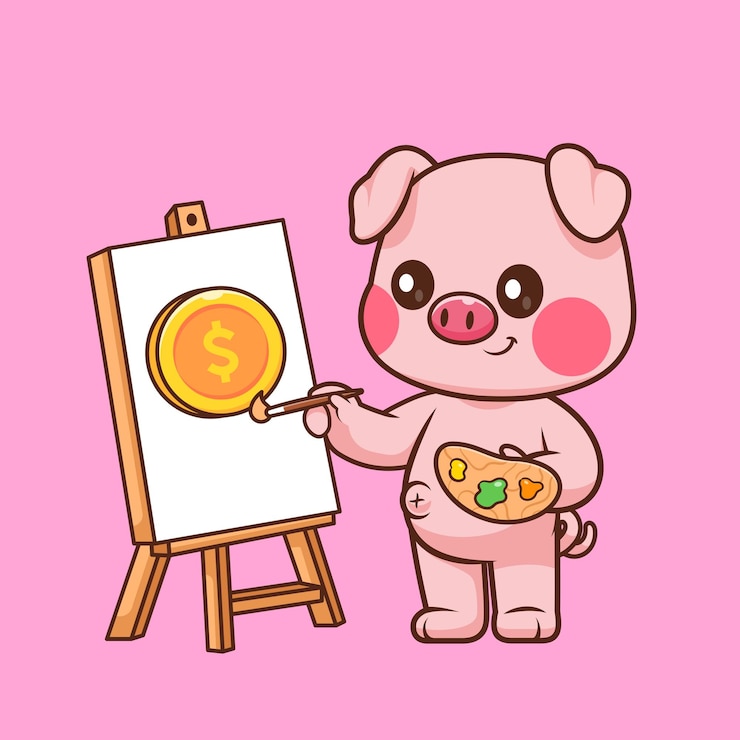 Free Vector cute pig painting gold coin cartoon vector icon illustration animal art icon isolated flat vector
