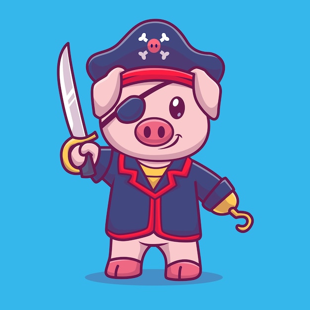 Cute Pig Pirate Holding Sword Cartoon Vector Icon Illustration Animal Holiday Icon Concept Isolated