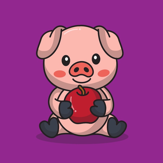 cute pig with apple icon vector