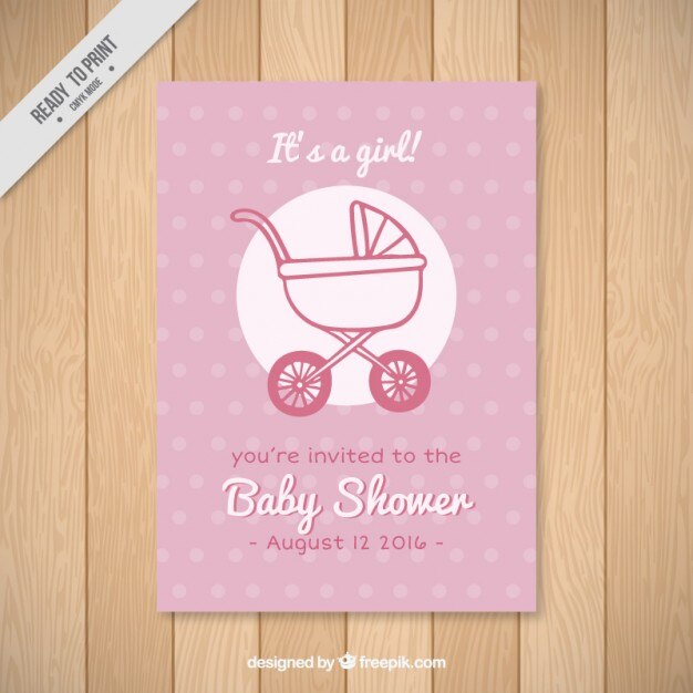 Cute pink baby shower card with a buggy