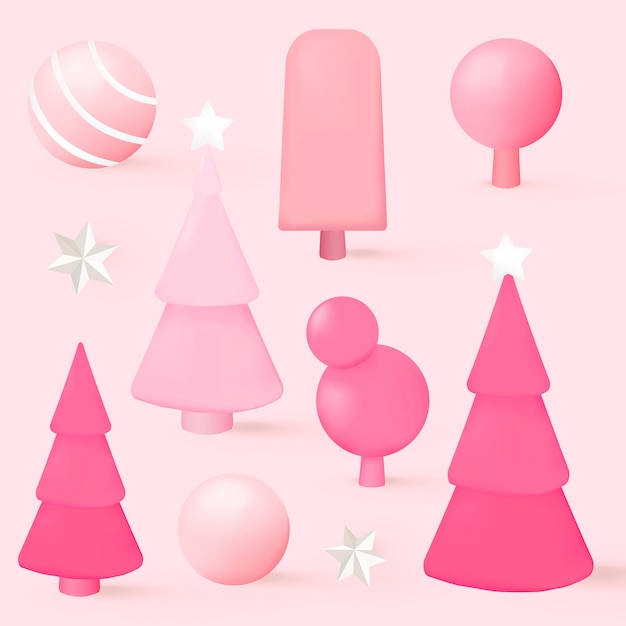 Cute pink christmas 3d element set vector