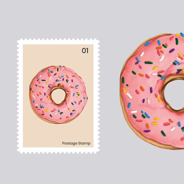 Cute pink doughnut on a postage stamp