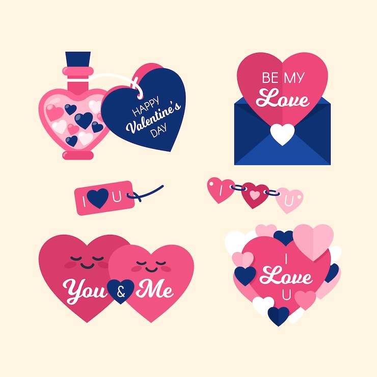 Free Vector cute pink hearts valentine label design collection