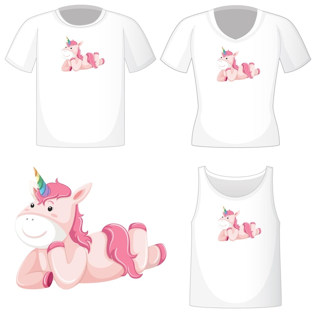 Cute pink unicorn logo on different white shirts isolated