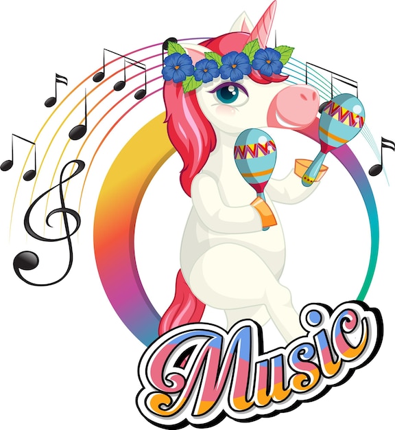 Cute pink unicorn shaking maracas with music notes on white back