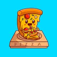 Free vector cute pizza eating pizza on box cartoon vector icon illustration. food object icon concept isolated