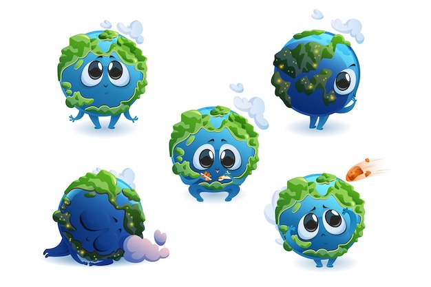 Cute planet Earth character with different emotions isolated on white background. Vector set of cartoon funny Earth smile, sleep, play with plane and ship, scared by meteorite. Creative emoji set