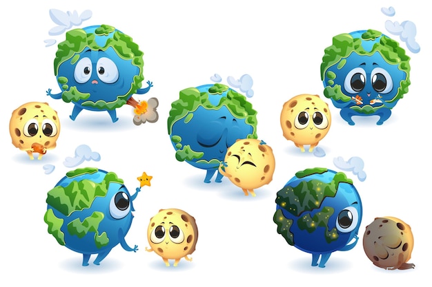 Free vector cute planet earth and moon characters in different poses isolated set of cartoon funny planet and satellite smile embrace sleep and play earth with volcano and clouds