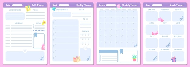 かわいいプランナーテンプレート 毎日 毎週 毎月 毎年のプランナー スケジュールページジャーナル 毎月の文房具カレンダー 主催者日記 ベクトルイラスト プレミアムベクター