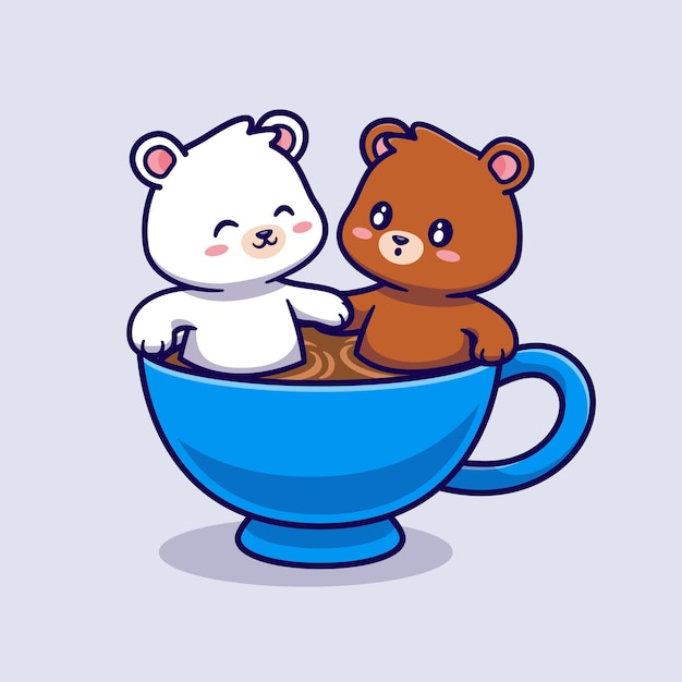 無料ベクター かわいいシロクマとかわいいクマ カップ コーヒー漫画ベクトル アイコン イラストでリラックス。動物の飲み物