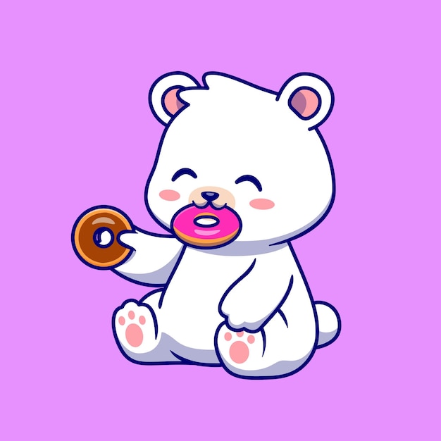Милый белый медведь ест пончик мультфильм векторные иллюстрации значок. Концепция значок корм для животных, изолированные Premium векторы. Плоский мультяшном стиле