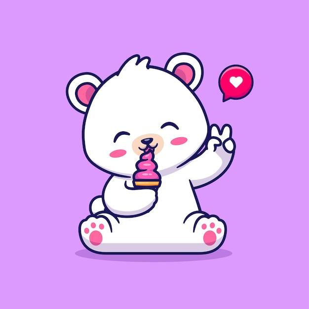 Cute polar bear eating ice cream cone cartoon vector icon illustration. animal food icon concept isolated premium vector. flat cartoon style