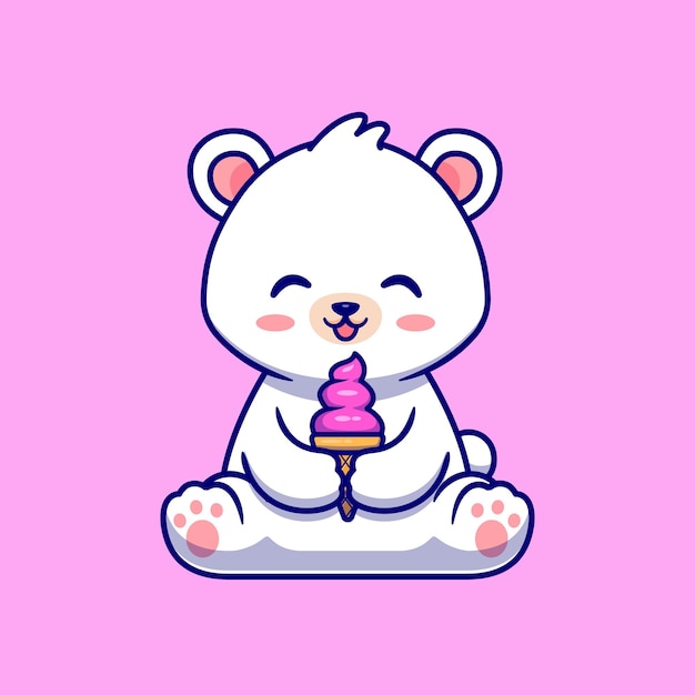 Cute polar bear eating ice cream cone illustration