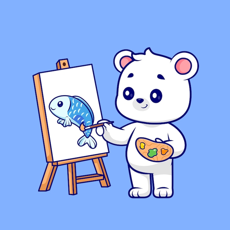 ฟรี Vector cute polar bear painting fish cartoon vector icon illustration animal art icon isolated flat vector