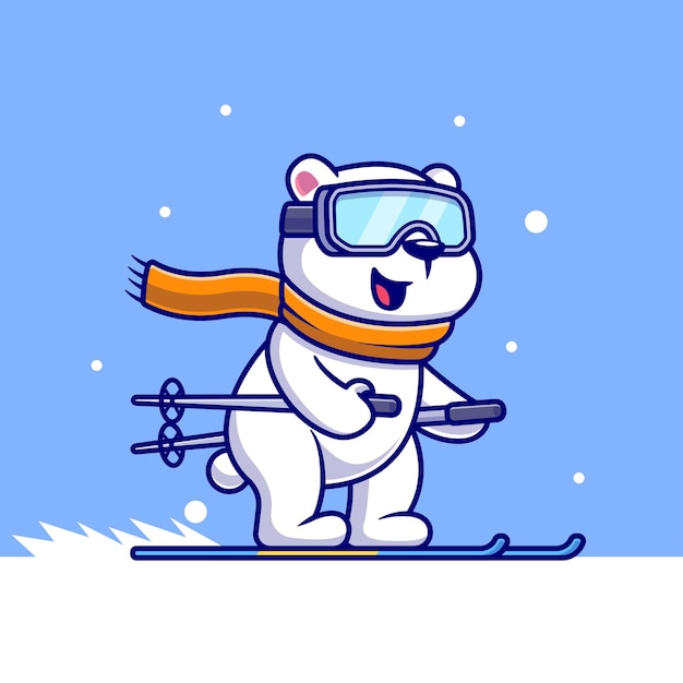 Cute polar bear playing ice ski cartoon vector icon illustration animal sport icon isolated flat