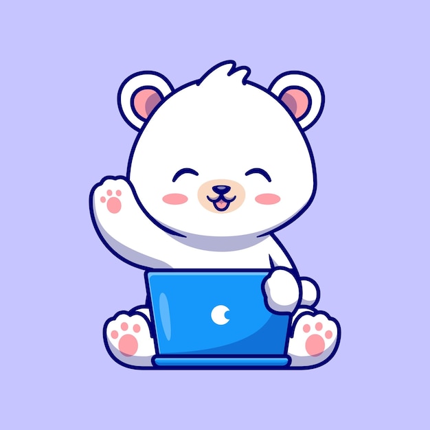 Cute Polar Bear Working On Laptop Cartoon Vector Icon Illustration. Animal Technology Icon Concept Isolated Premium Vector. Flat Cartoon Style