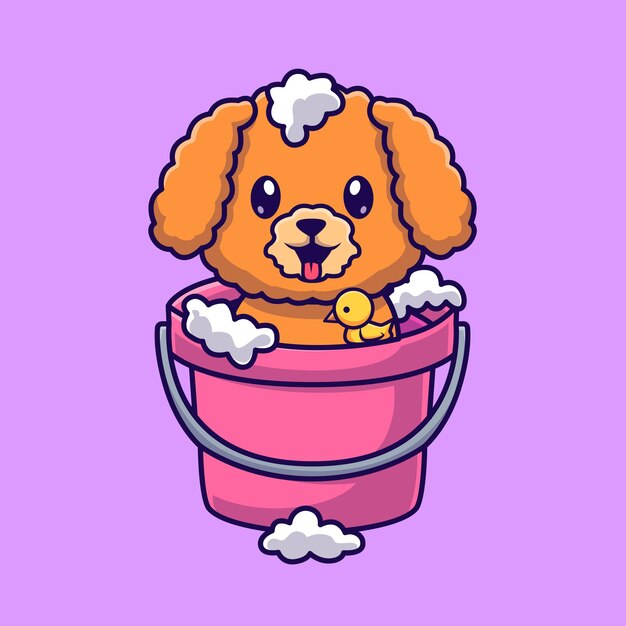 Cute Poodle Dog Bathing In Bucket With Bubble Cartoon Vector Icon Illustration Animal Nature Icon