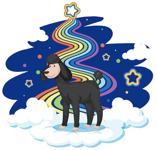 Free vector cute poodle standing on the cloud with rainbow