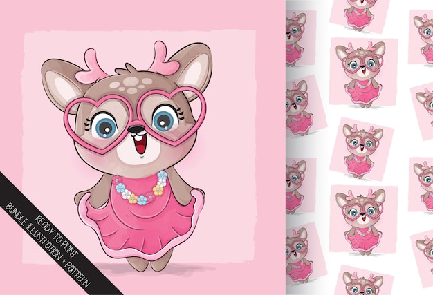 Cute pretty deer with pink glasses illustration illustration and pattern set
