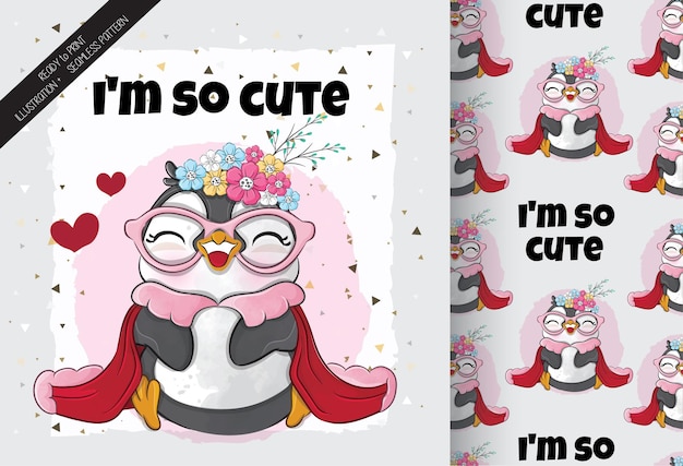Free vector cute pretty penguin with flower illustrationillustration of background