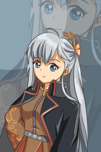 2人のアニメの女の子のセット 大きな目と日本の制服と医療マスクを身に着けているかわいい女の子 白で隔離の手描きイラスト プレミアムベクター