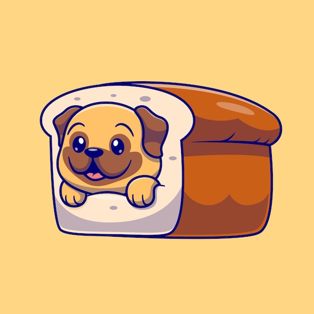 Cute Pug Bread Cartoon Vector Icon Illustration. Animal Food Icon Concept Isolated Premium Vector. Flat Cartoon Style