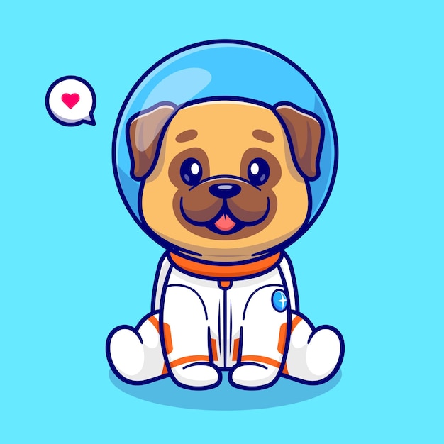 귀여운 퍼그 강아지 우주 비행사 앉아 만화 벡터 아이콘 일러스트 레이 션 과학 동물 아이콘 절연