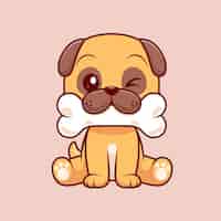 無料ベクター かわいいパグ犬咬傷骨漫画ベクトル アイコン イラスト。動物の性質アイコン コンセプト分離プレミアム
