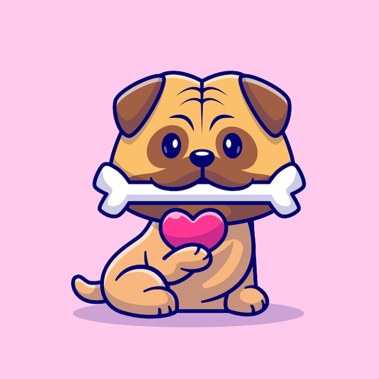 Free Vector cute pug dog bite bone and holding love cartoon vector icon illustration animal nature isolated