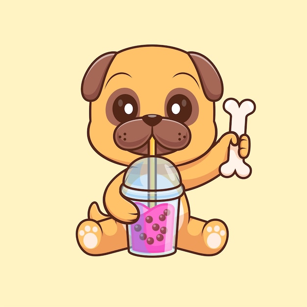 Cucino pug che beve tè al latte di boba con ossa cartoon icona vettoriale illustrazione bevanda animale isolata