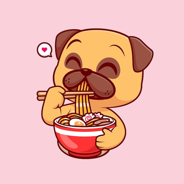 Simpatico cane carlino che mangia ramen noodle cartoon icona vettore illustrazione concetto icona cibo animale isolato