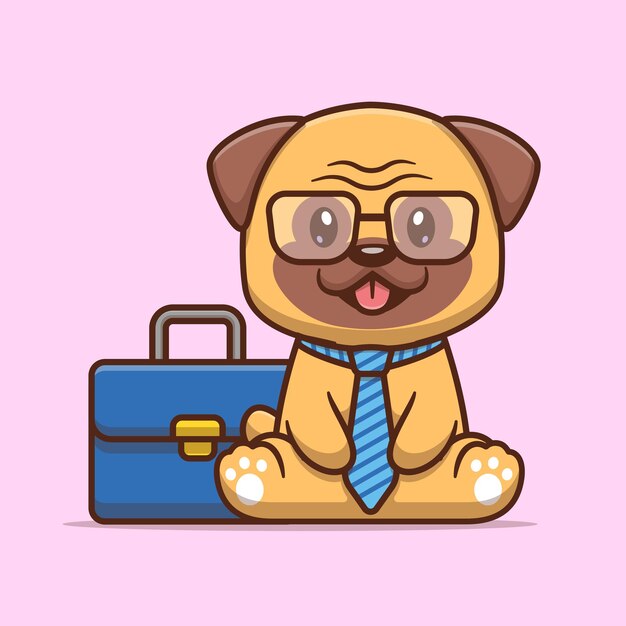 Cute Pug Dog Employee With Briefcase Cartoon Vector Icon Illustration. Animal Business Isolated Flat