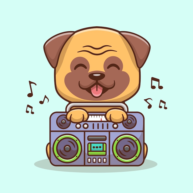 Free Vector cute pug dog listening music with boombox cartoon vector icon illustration. animal music isolated