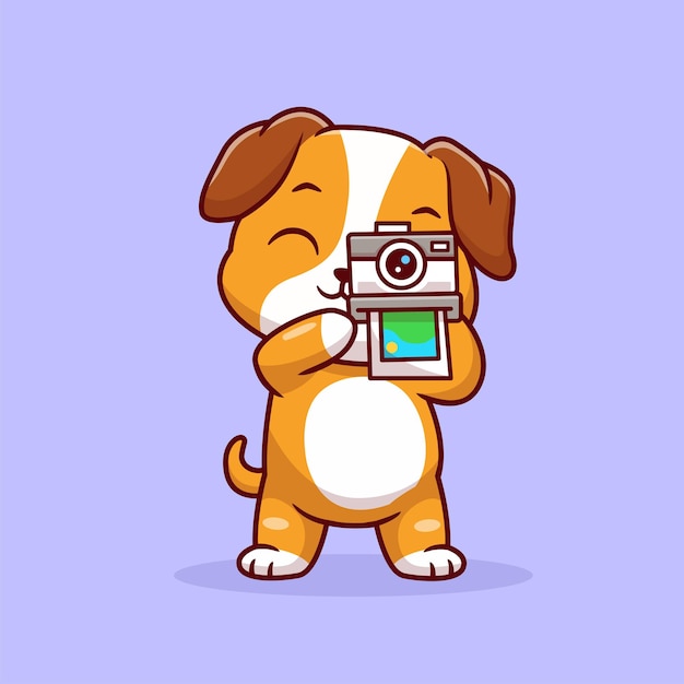 Free vector cute pug dog photographer holding camera cartoon vector icon illustration animal technology isolated