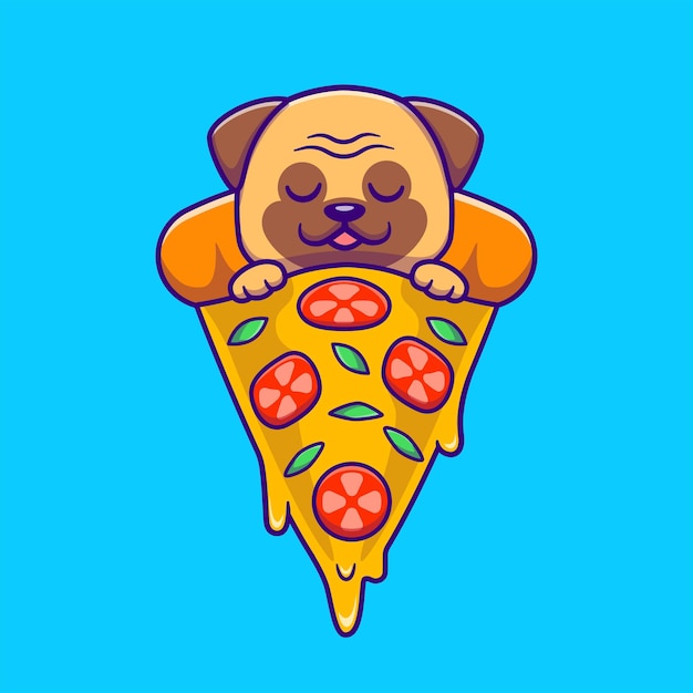 Бесплатное векторное изображение Милый мопс, спящий на пицце slice cartoon vector icon illustration. плоский мультфильм 