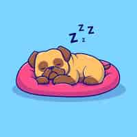 Free vector cute pug dog sleeping on pillow cartoon vector icon illustration. animal nature icon isolated flat