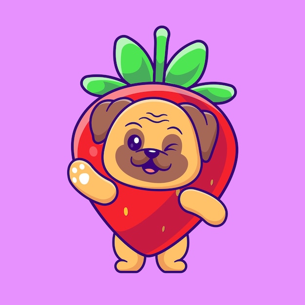 Free vector cute pug dog strawberry cartoon vector icon illustration. animal fruit icon concept isolated premium