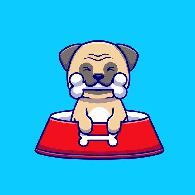 Cute Pug Eat Bone Cartoon Icon Illustration.