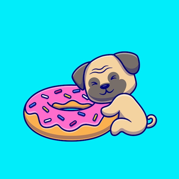 Cute Pug Hugging Doughnut Cartoon Vector Icon Illustration.