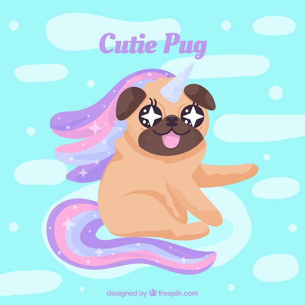 Free vector cute pug with unicorn style