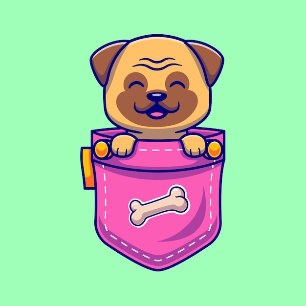 Cute Puk Dog In Pocket Cartoon Vector Icon Illustration. Animal Nature Icon Concept Isolated Premium Vector. Flat Cartoon Style